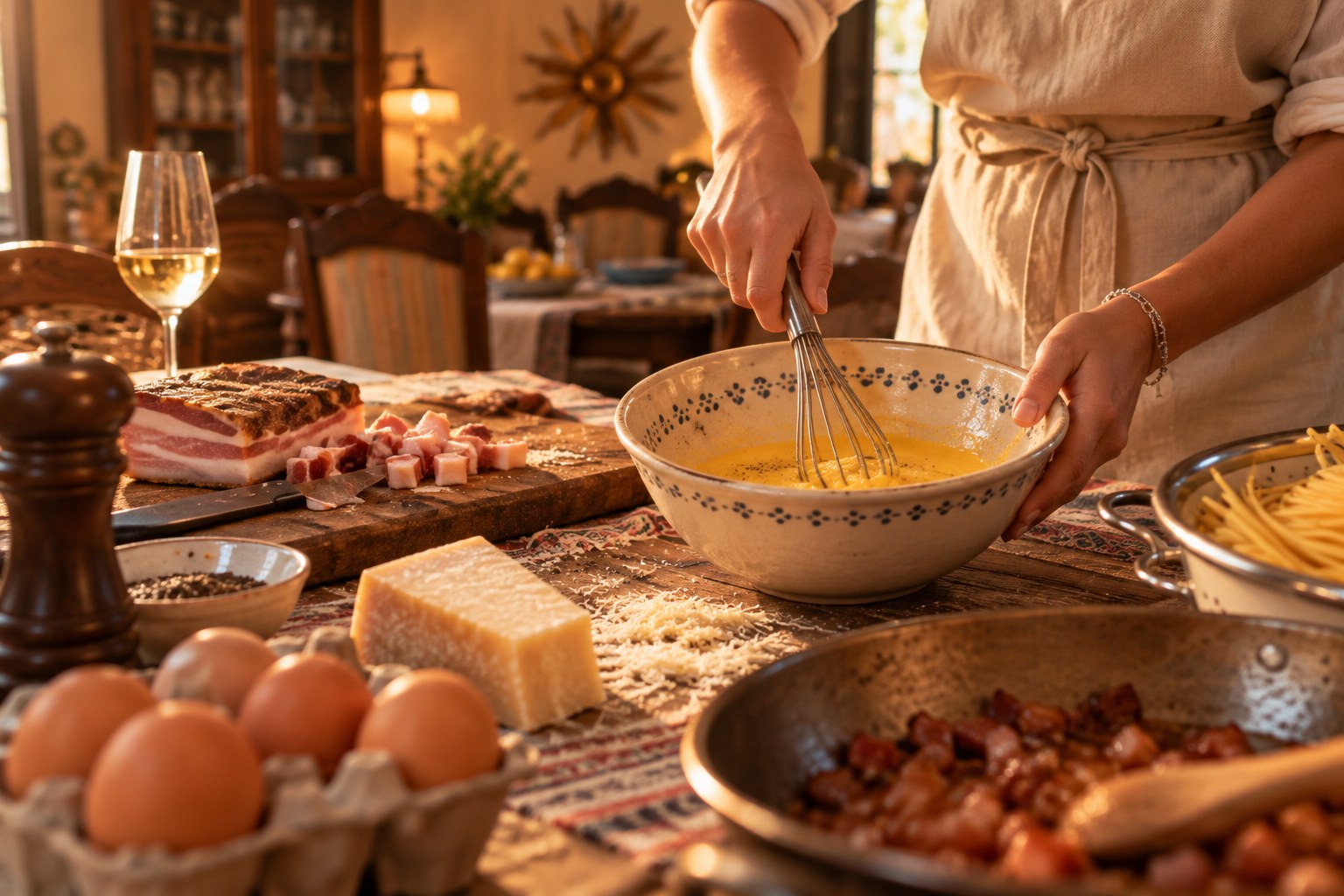 Preparing carbonara at a rustic Roman table: guanciale, eggs, Pecorino and the egg mixture being whisked