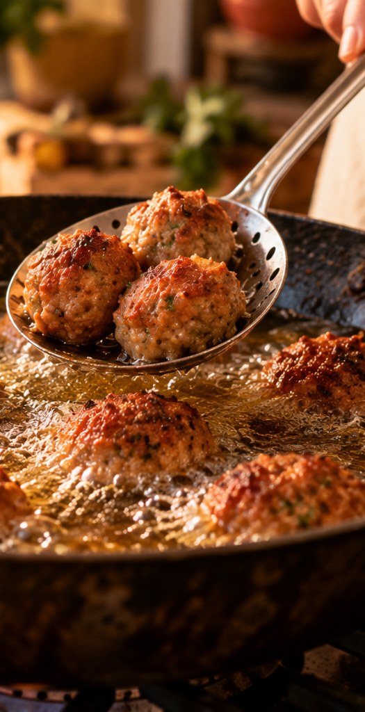 Golden meatballs lifted from hot oil with a slotted spoon