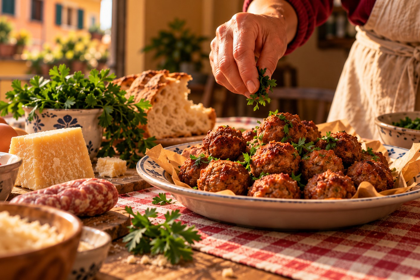 Golden Roman meatballs on a ceramic plate, finished with fresh parsley by hand