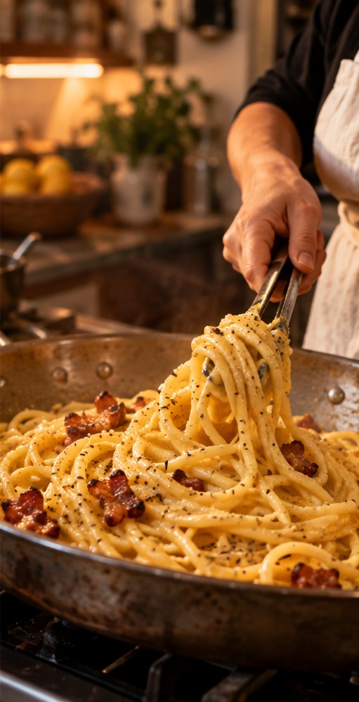 Pasta tossed in the pan with creamy carbonara sauce and crisp guanciale