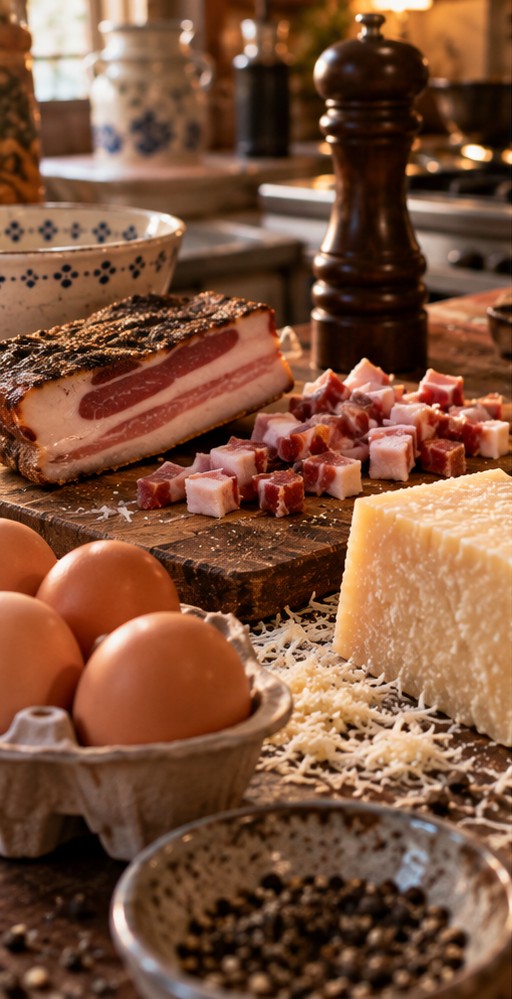 Guanciale, eggs, Pecorino Romano and black peppercorns on a wooden board