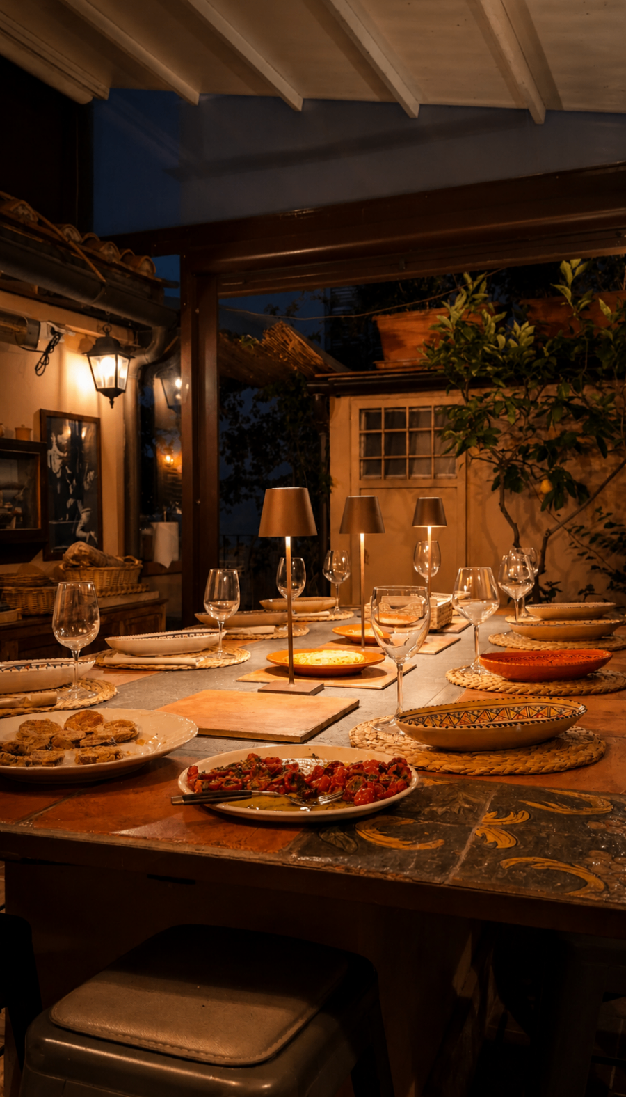 Candlelit table set on Mariella's rooftop
