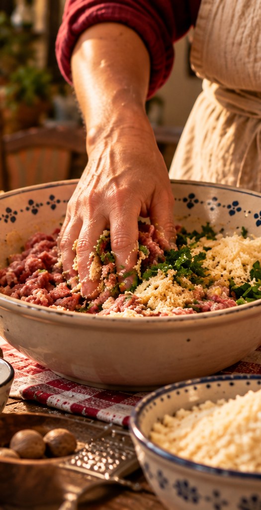 Hands mixing ground meat, Parmigiano, parsley and soaked bread in a ceramic bowl