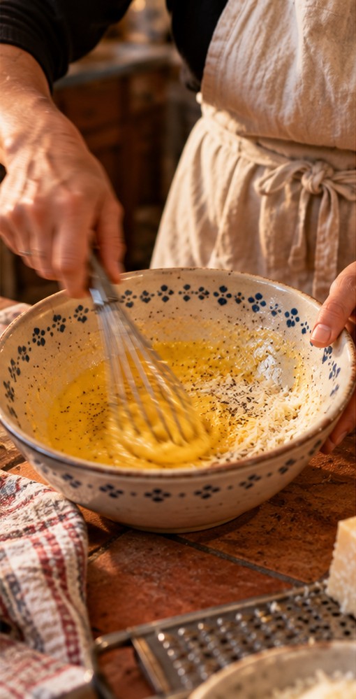Whisking egg yolks with Pecorino and black pepper in a ceramic bowl