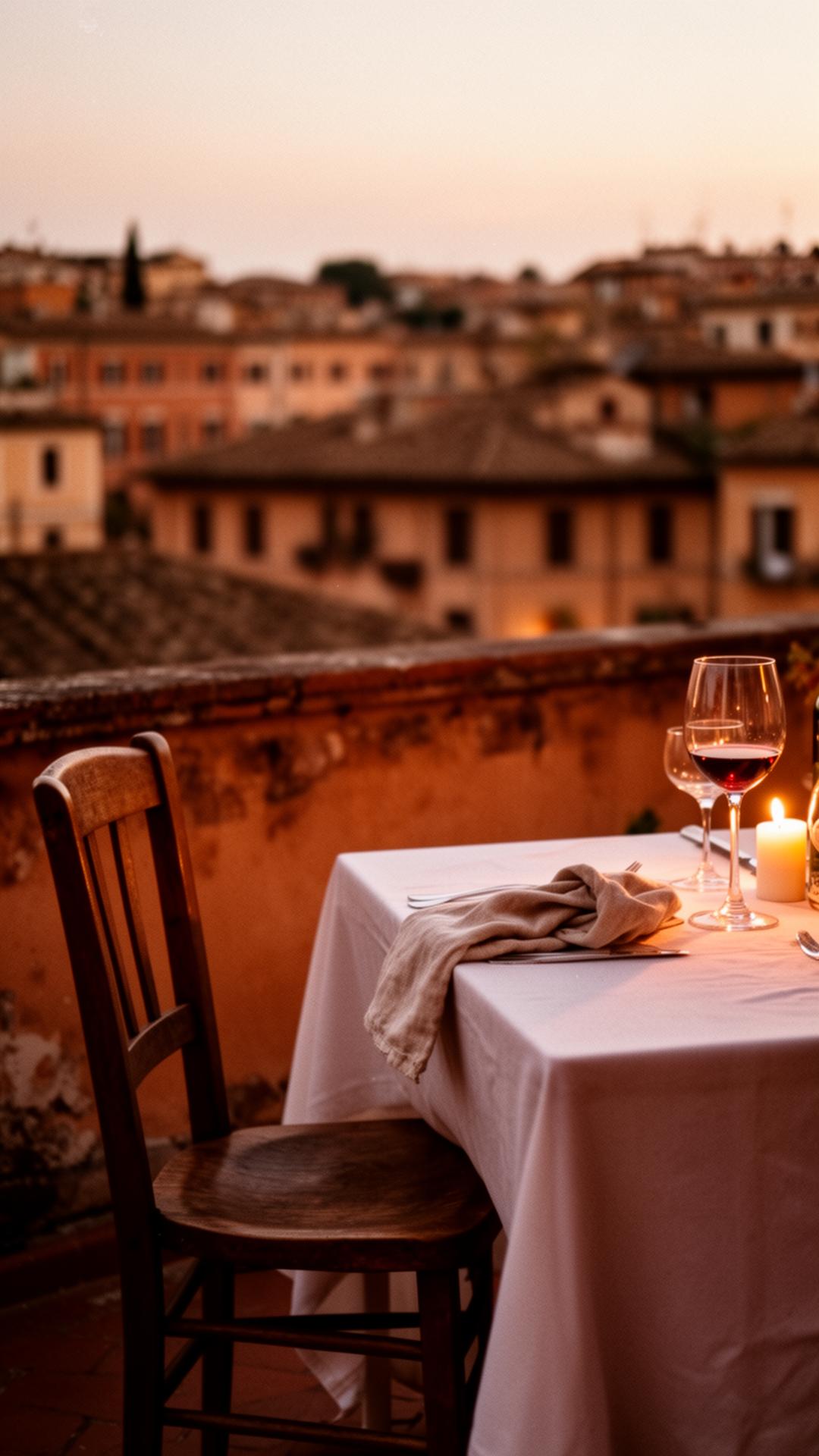 An empty wooden chair pulled up to a candlelit rooftop dinner table at dusk